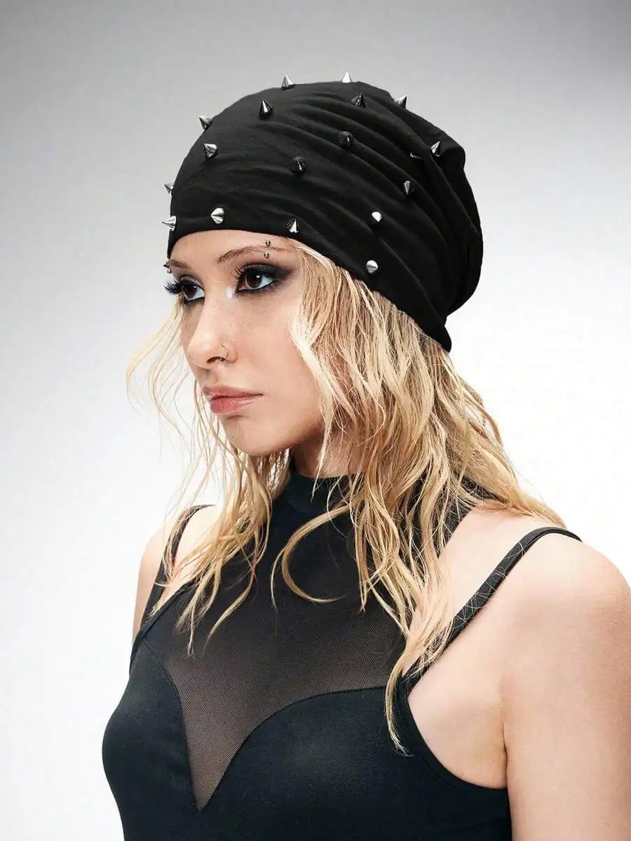 Studded Polyester Knit Beanie for Punk Inspired Streetwear Casual Four Season Fashion Style