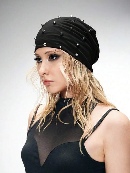 Studded Polyester Knit Beanie for Punk Inspired Streetwear Casual Four Season Fashion Style