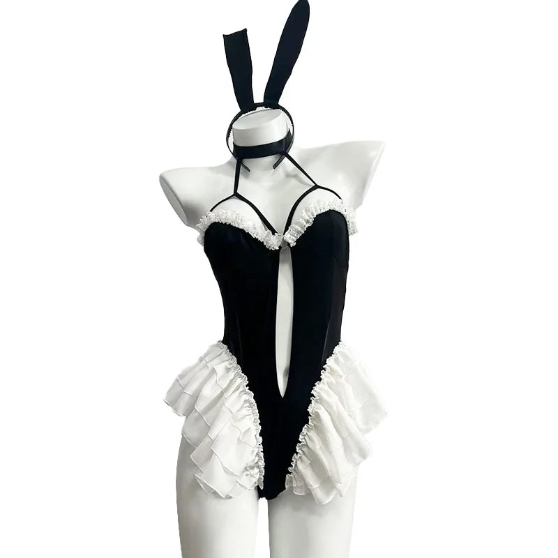 Playful Black Halter Bodysuit with Dramatic White Ruffles and Bunny Ear Accessories