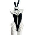 Playful Black Halter Bodysuit with Dramatic White Ruffles and Bunny Ear Accessories