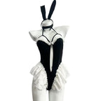 Playful Black Halter Bodysuit with Dramatic White Ruffles and Bunny Ear Accessories