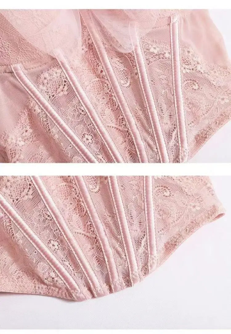 Soft Pink Floral Lace Bustier Tank Top with Ruffled Straps and Center Bow
