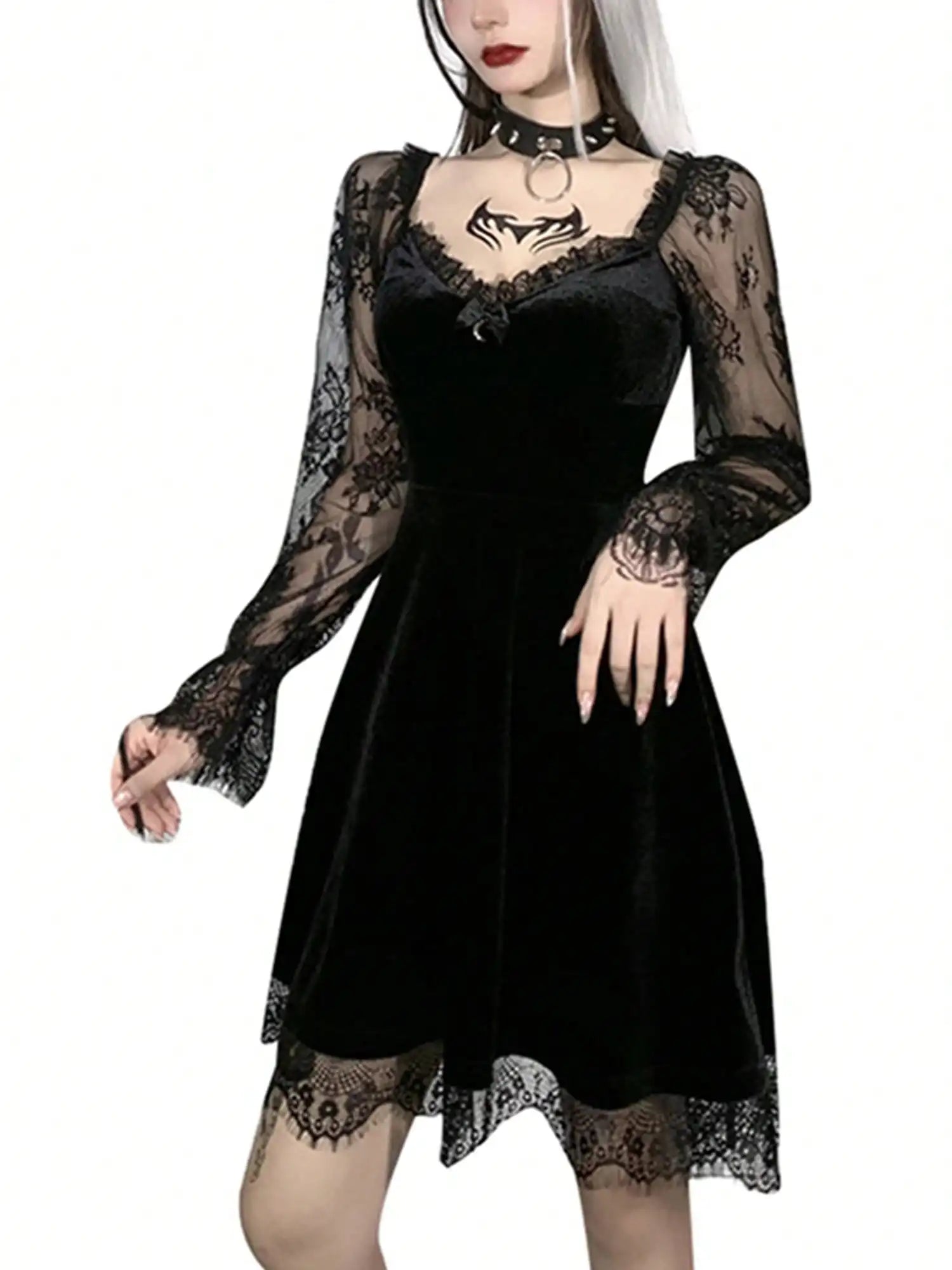 Gothic Lace Sleeve Velvet Mini Dress with Dark Elegant Aesthetic