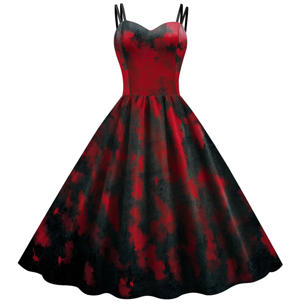 Retro 1950s Swing Dress with Sweetheart Neckline and Bat Print Motif