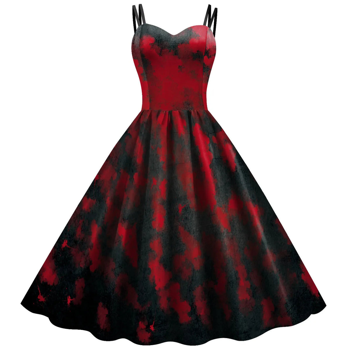 Retro 1950s Swing Dress with Sweetheart Neckline and Bat Print Motif