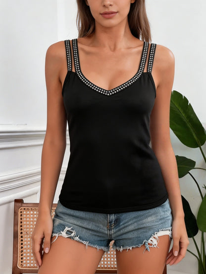 Double Strap V-Neck Tank Top with Rhinestone Trim Slim Fit Streetwear Camisole Style