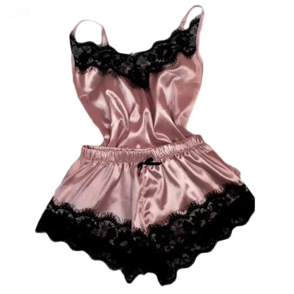 Women's Satin Lace Pajama Set with V-Neck Camisole Top, Matching Shorts, Delicate Lace Trim and Spaghetti Straps