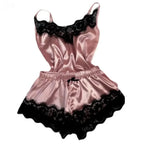 Women's Satin Lace Pajama Set with V-Neck Camisole Top, Matching Shorts, Delicate Lace Trim and Spaghetti Straps
