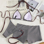 Three-Piece Striped Halter Bikini Set with Matching Swim Shorts