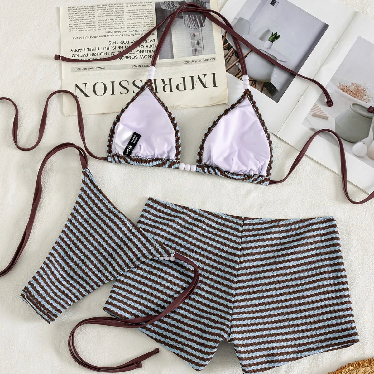 Three-Piece Striped Halter Bikini Set with Matching Swim Shorts