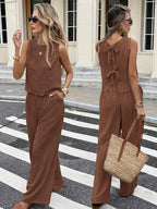 Sleeveless Linen Blend Top and Wide Leg Pants Summer Co-Ord Set