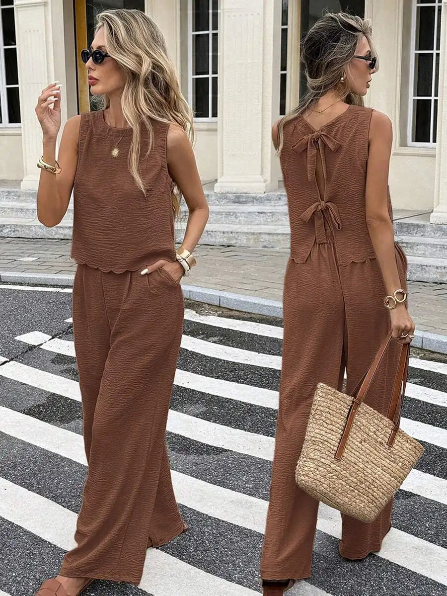 Sleeveless Linen Blend Top and Wide Leg Pants Summer Co-Ord Set