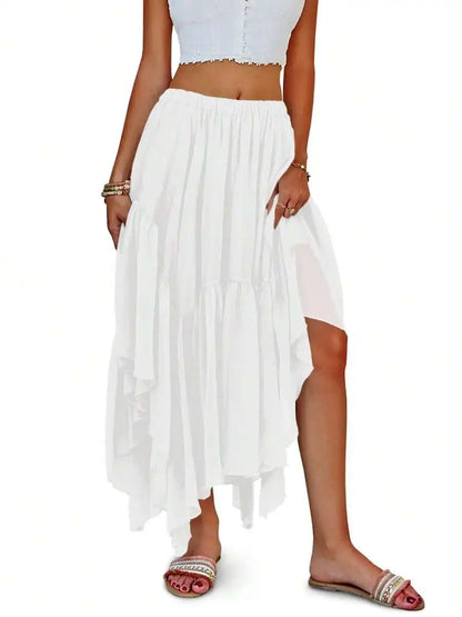 Boho High-Low Ruffle Hem Flowy Asymmetrical Maxi Skirt