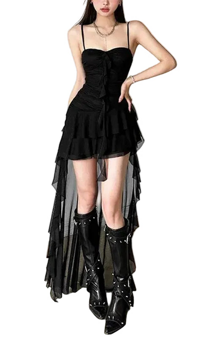 Layered Ruffle Gothic Mini Dress with Alternative Streetwear Aesthetic