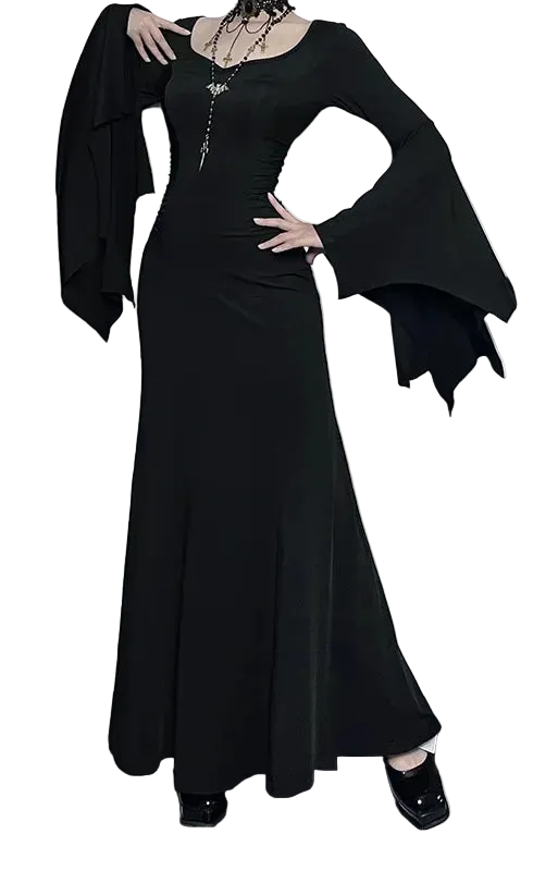 Elegant Gothic Mermaid Dress with Dramatic Sleeves and Dark Styling