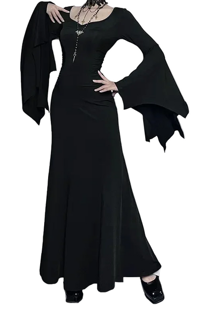 Elegant Gothic Mermaid Dress with Dramatic Sleeves and Dark Styling