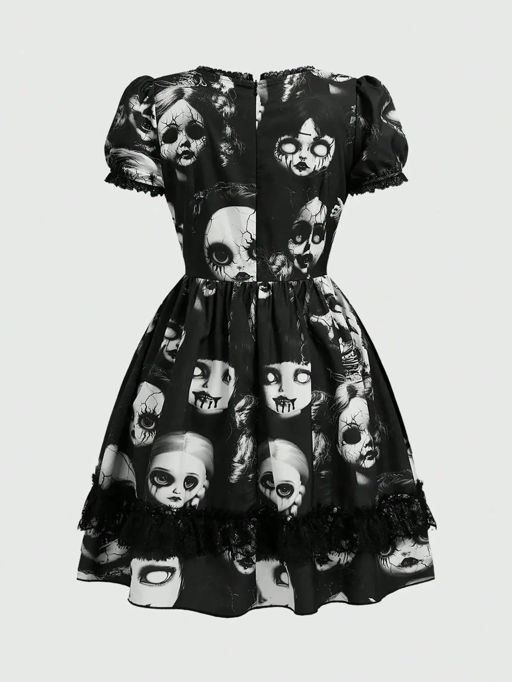 Women's Gothic-Inspired Graphic Print Mini Dress with Lace Patchwork and Puff Sleeves