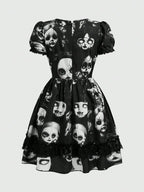 Women's Gothic-Inspired Graphic Print Mini Dress with Lace Patchwork and Puff Sleeves