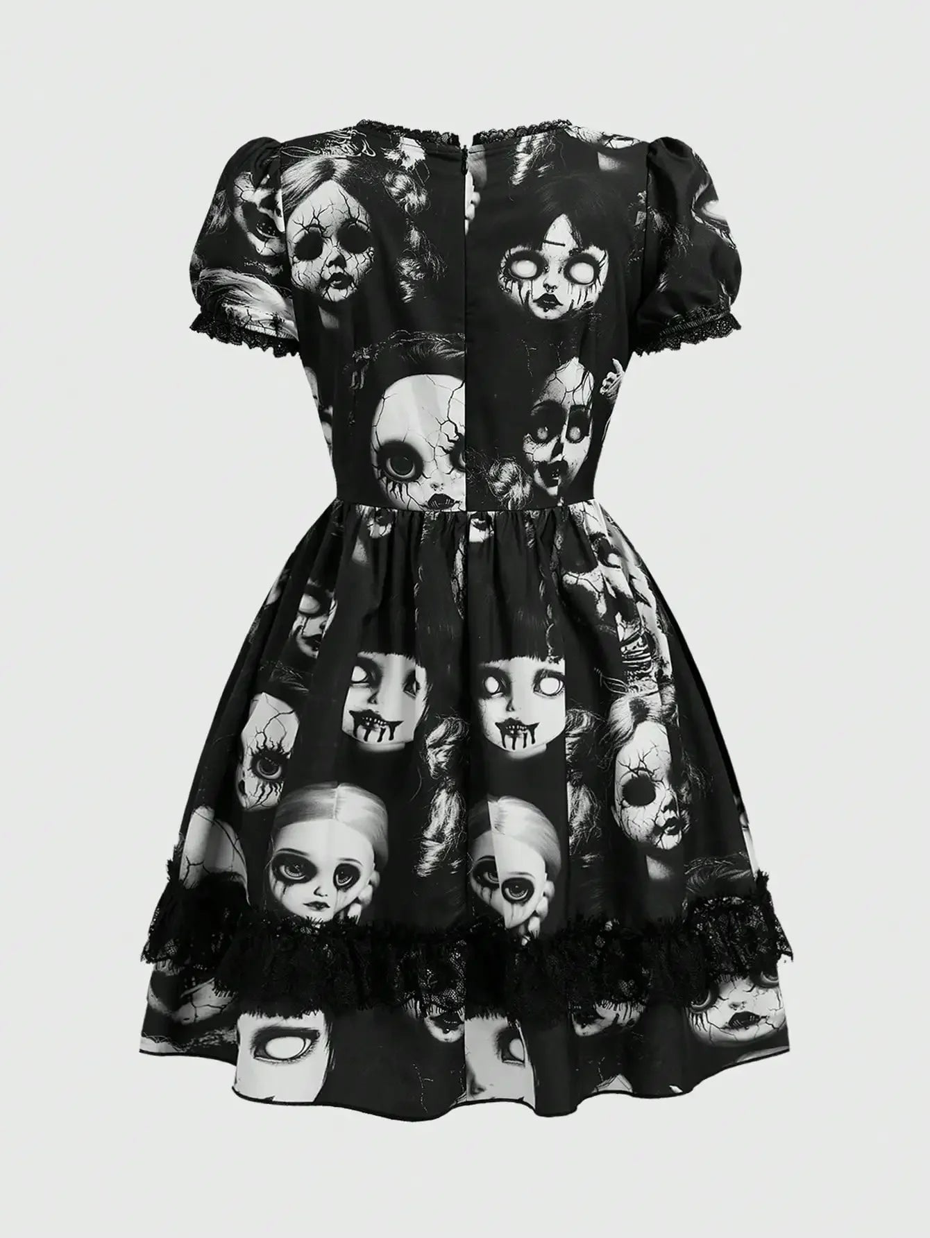Women's Gothic-Inspired Graphic Print Mini Dress with Lace Patchwork and Puff Sleeves