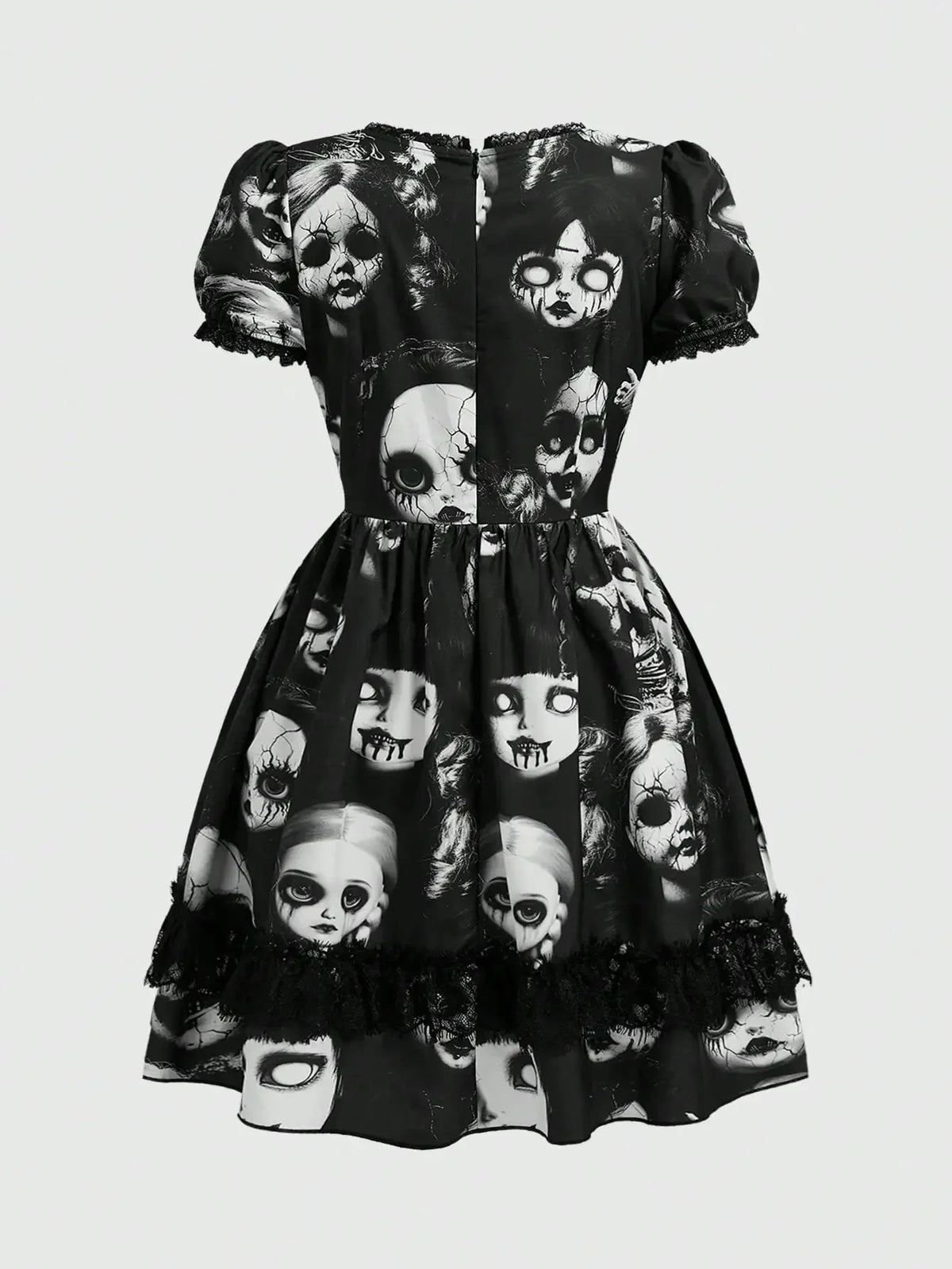 Women's Gothic-Inspired Graphic Print Mini Dress with Lace Patchwork and Puff Sleeves