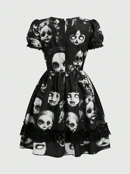 Women's Gothic-Inspired Graphic Print Mini Dress with Lace Patchwork and Puff Sleeves