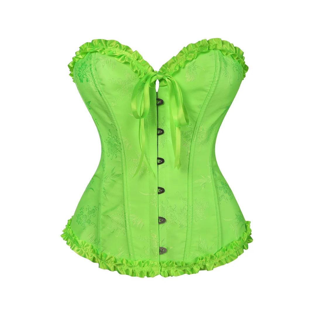 Jacquard Overbust Corset with Ruffled Trim, Structured Boning and Lace-Up Back