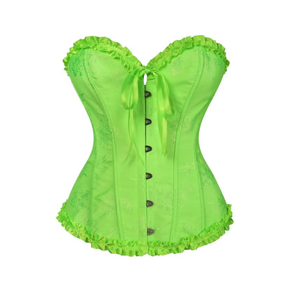 Jacquard Overbust Corset with Ruffled Trim, Structured Boning and Lace-Up Back