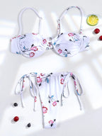 Light Blue Floral Underwire Three-Piece Bikini Set with Fringed Wrap Skirt