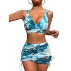 Blue Abstract Print Three-Piece Swimwear Set with Ruched Mini Skirt