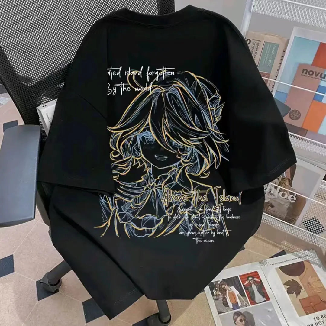 Neon Sketch Anime Graphic Oversized Vintage Cotton T-Shirt