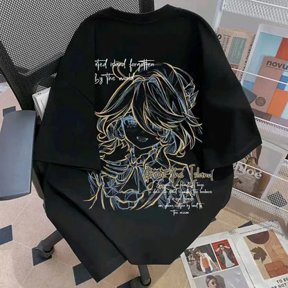 Neon Sketch Anime Graphic Oversized Vintage Cotton T-Shirt