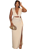 Sleeveless Sheath Maxi Dress with Deep V Neck and Side Slit