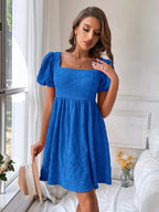 Square Neck Puff Sleeve Smocked Mini Dress with Relaxed A-Line Fit