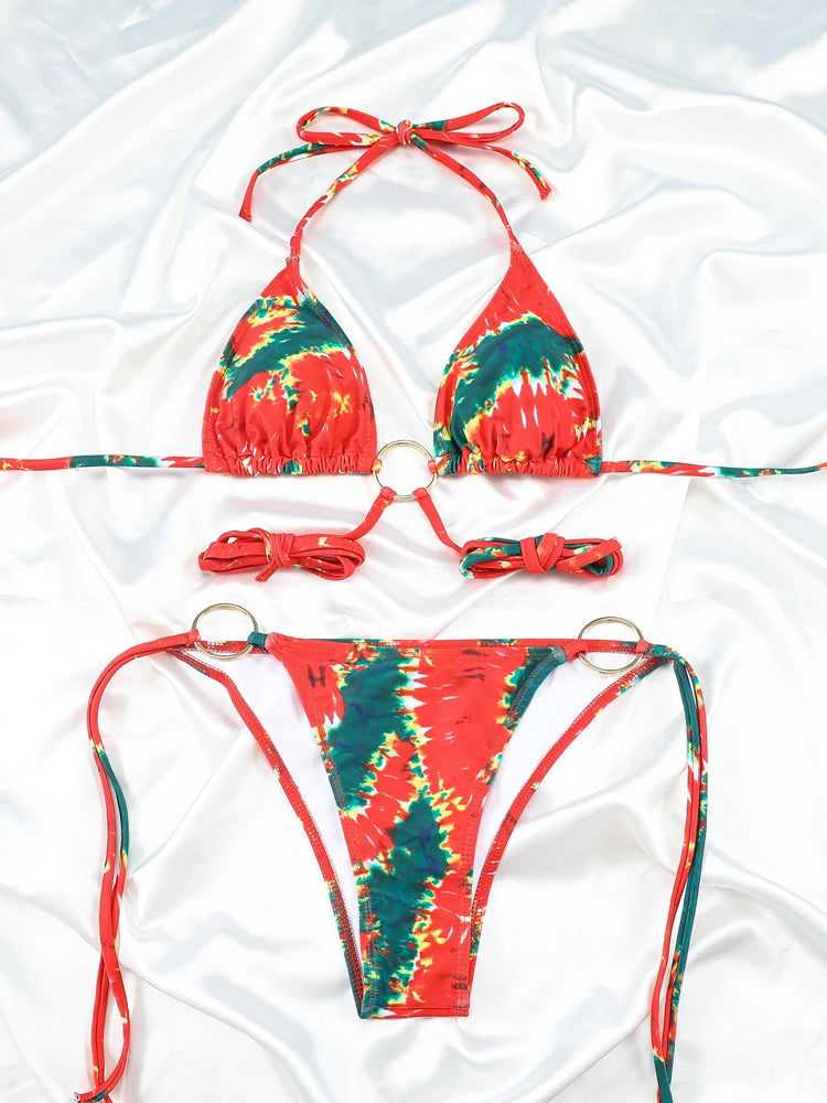 Vibrant Abstract Print Triangle String Bikini with Multi-Strap Cutout Bottoms