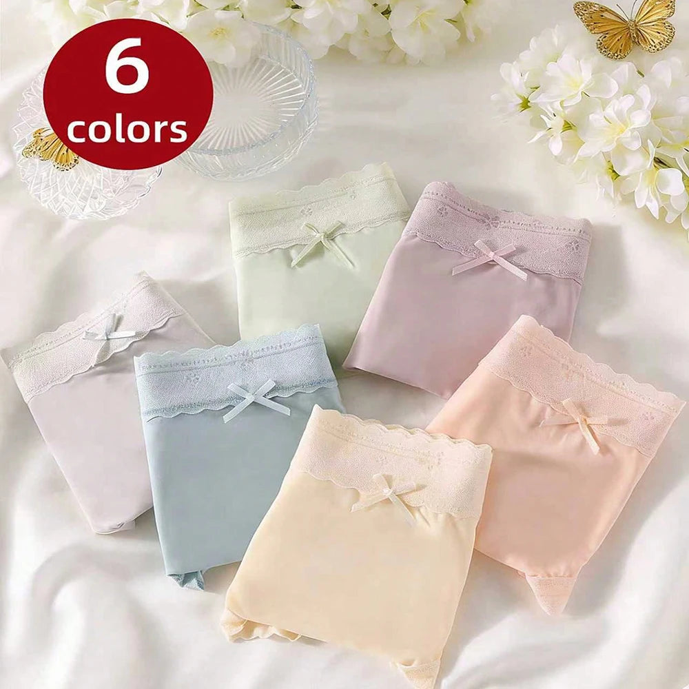 6-Pack Pastel Low-Rise Panties with Delicate Lace Trim and Center Bow Detailing