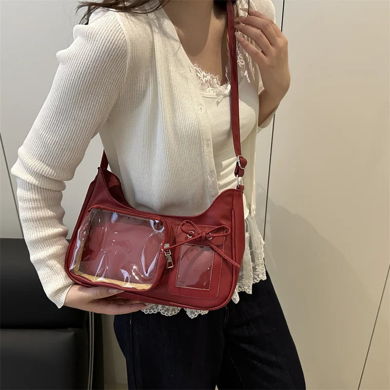 Structured Display Window Shoulder Bag with Zip Closure Design