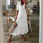 Ruffle Sleeve Eyelet Midi Dress with V Neck and Flowy Silhouette