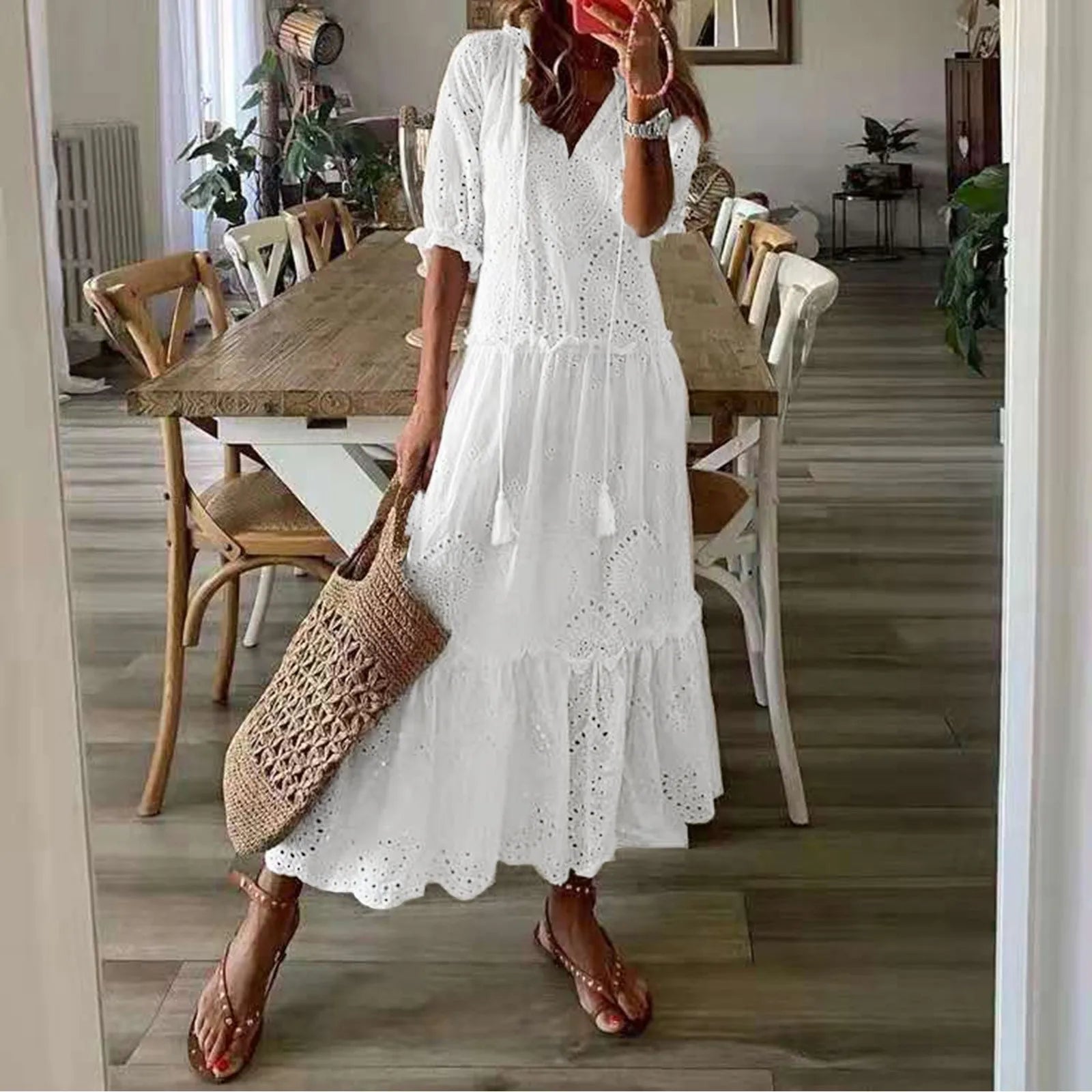 Ruffle Sleeve Eyelet Midi Dress with V Neck and Flowy Silhouette