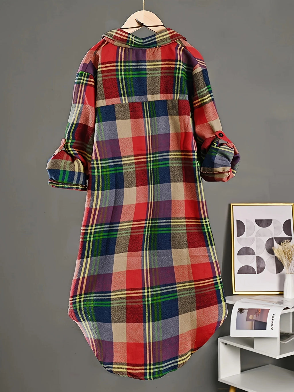 Colorful Tartan Plaid Oversized Tunic Shirt with High-Low Curved Hem