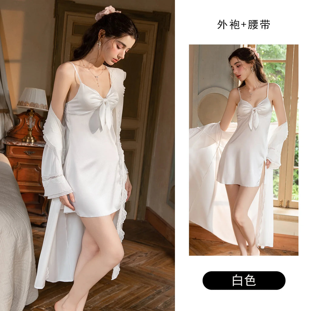 Elegant White Satin-Finish Slip Dress with Front Knot Detail and Side Slit