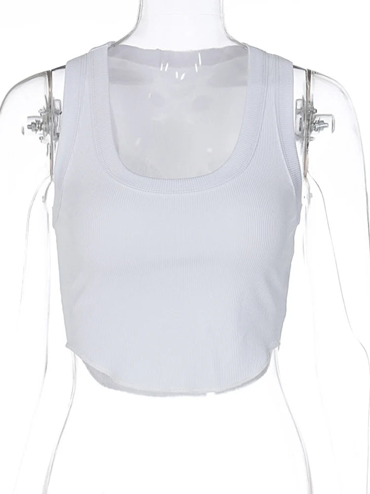 Ribbed Crop Tank Top with Square Neck Slim Fit Casual Streetwear Style