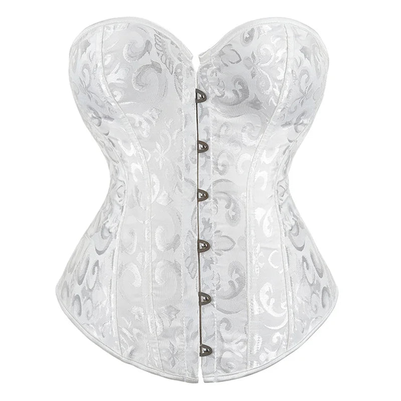 Classic Black Floral Jacquard Overbust Corset with Metal Busk Closure
