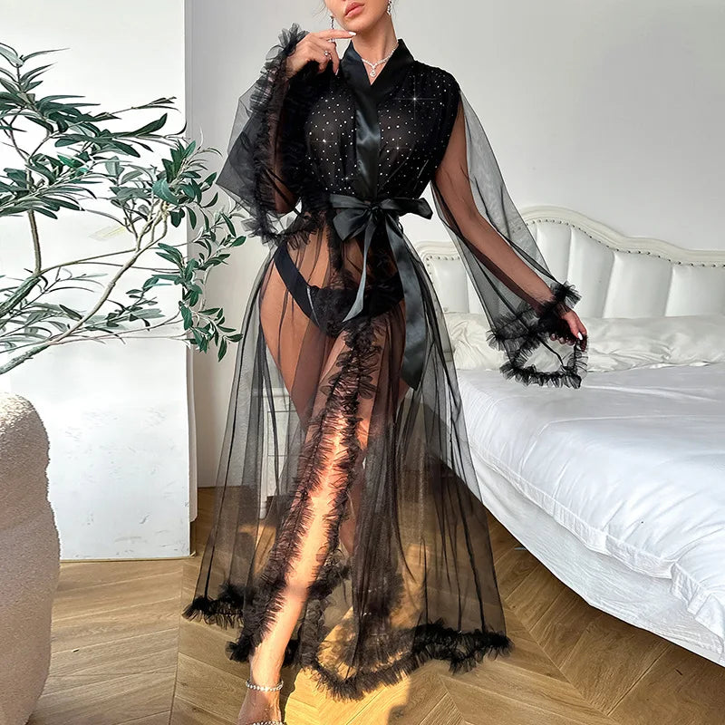 Sheer Black Mesh Long Robe with Wide Flared Sleeves and Ruffled Trim