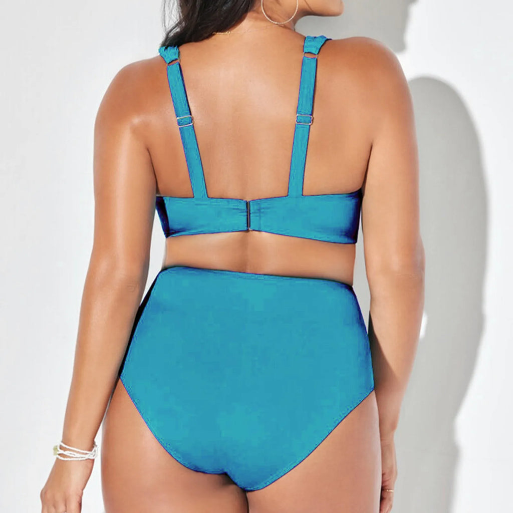 Turquoise Two-Piece High-Waisted Bikini Set with Ruched Halter Top, Padded Cups and Coordinating Full-Coverage Bottom