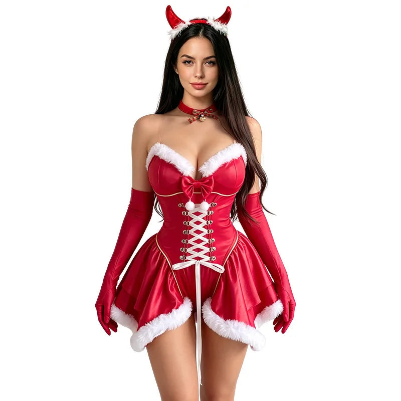 Festive Red Lace-Up Mini Dress with Faux-Fur Trim and Matching Accessories