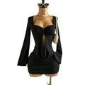 Sweetheart Neck Bodycon Mini Dress with Flare Sleeves and Open Back Detail