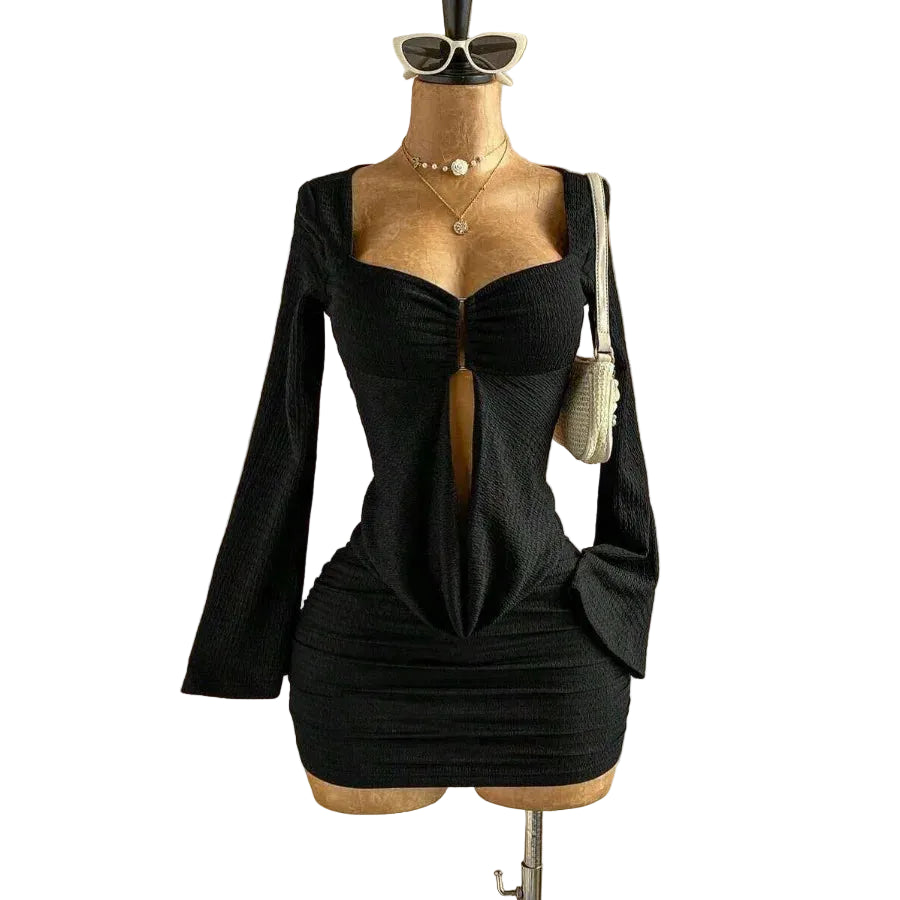 Sweetheart Neck Bodycon Mini Dress with Flare Sleeves and Open Back Detail