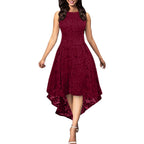 Royal Blue Floral Lace Overlay Dress with Sleeveless Cut and Asymmetrical High-Low Hem