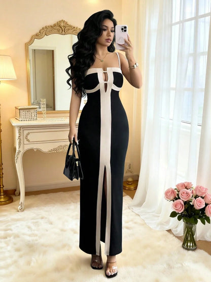 Sculpted Strapless Contrast Panel Evening Dress with Modern Elegance
