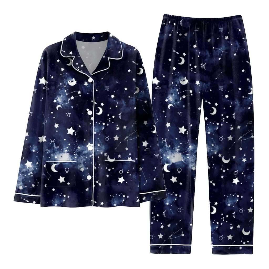 Women's Satin-Look Star Print Pajama Set, Long-Sleeve Button-Front Shirt and Matching Ankle-Length Pants, Two-Piece Loungewear
